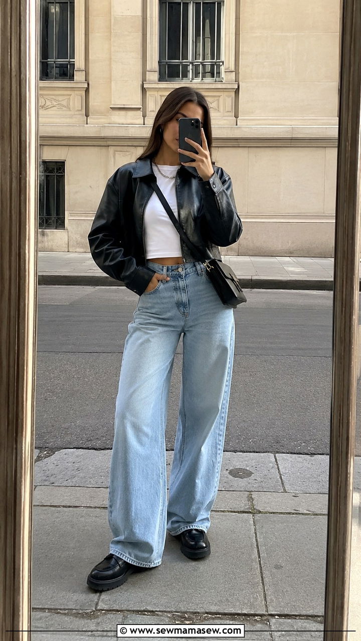 Leather Jacket And Wide Leg Jeans With Loafers - 25 Wide leg jeans outfit ideas with loafers