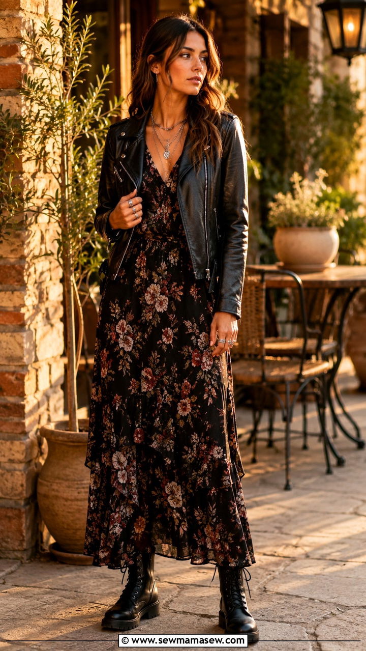 Leather Jacket Floral Maxi Dress Combat Boots Outfit - 25 transitional weekend outfit ideas