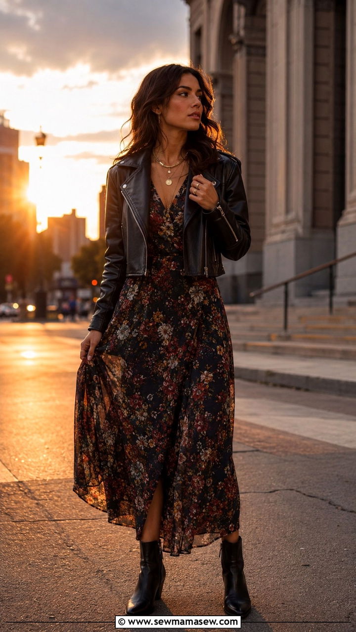 Leather Jacket Over A Floral Maxi Dress With Ankle Boots - 30 Warm day cold night outfits