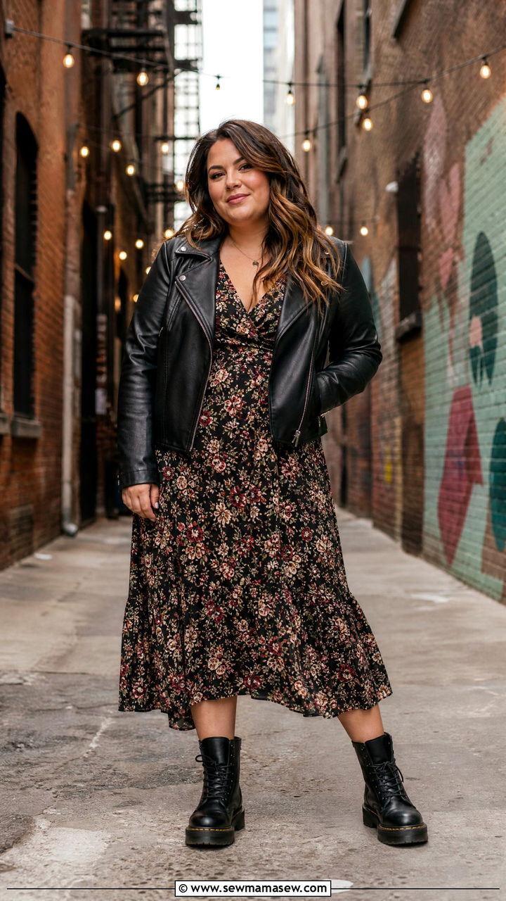 Leather Jacket Over A Floral Midi Dress With Combat Boots - 35 Midsize capsule wardrobe