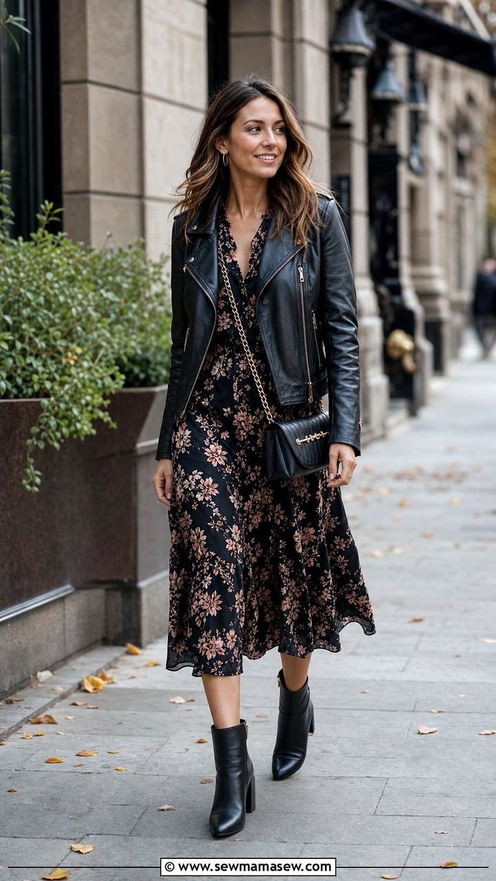 Leather Jacket Over A Flowing Midi Dress Outfit - 25 elegant outfits aesthetic