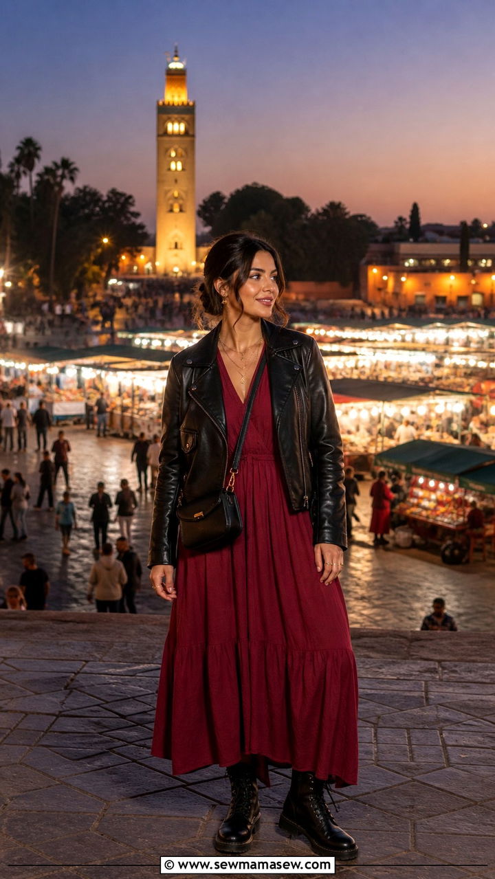 Leather Jacket Over A Flowy Maxi Dress With Combat Boots - 40 Marrakech outfit ideas