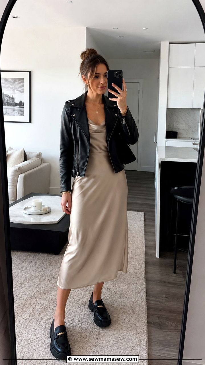 Leather Jacket Over A Midi Slip Dress With Chunky Loafers - 30 transitional outfits Pinterest
