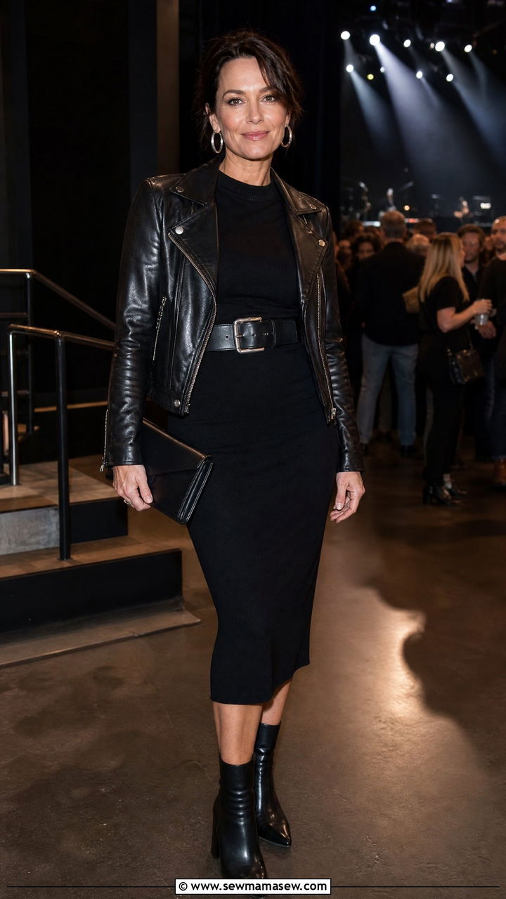 Leather Jacket Over Black Dress Concert Outfit - 30 Concert outfits for women over 40