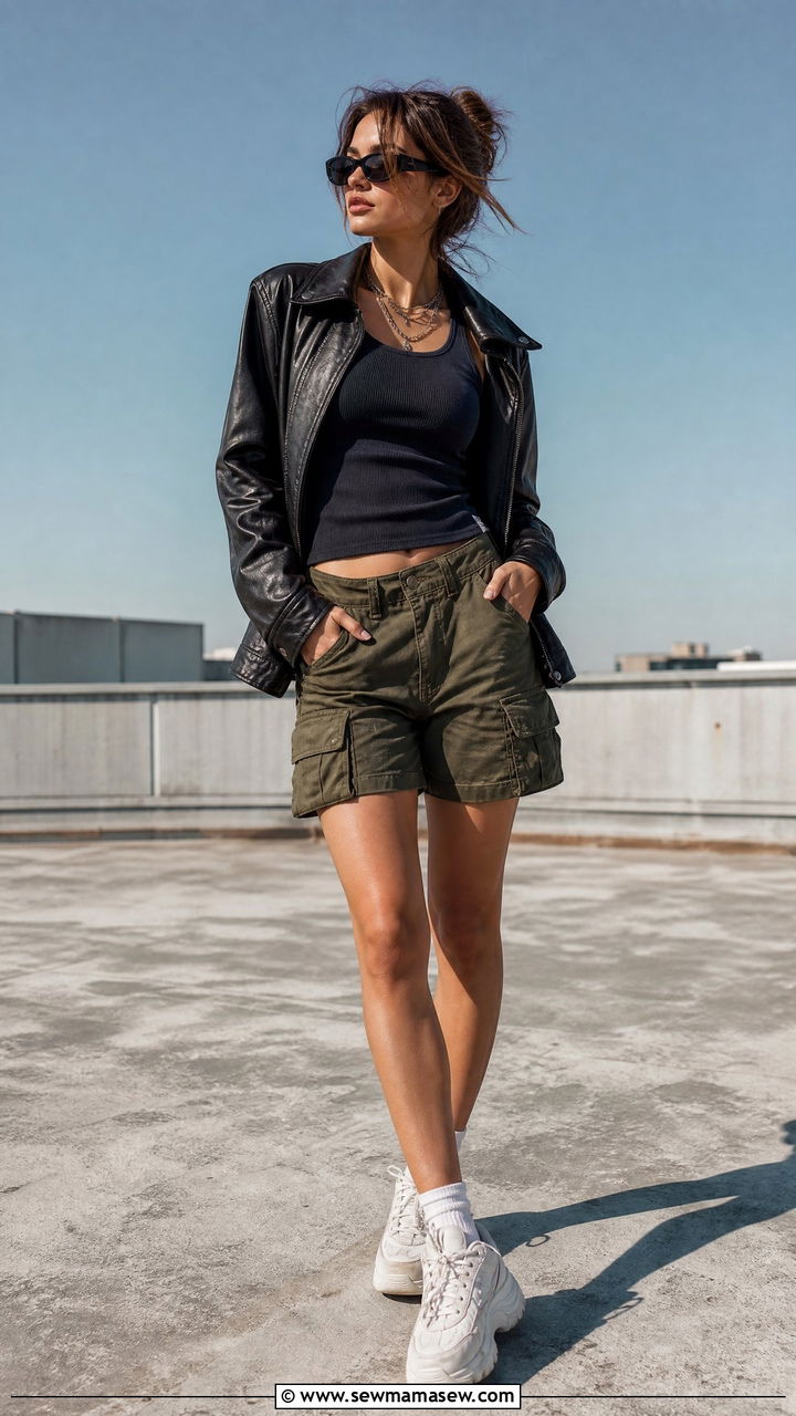 Leather Jacket Over Cargo Shorts - 30 summer grunge outfits