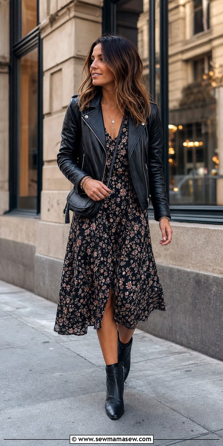Leather Jacket Over Floral Midi Dress - 25 spring outfit ideas Pinterest