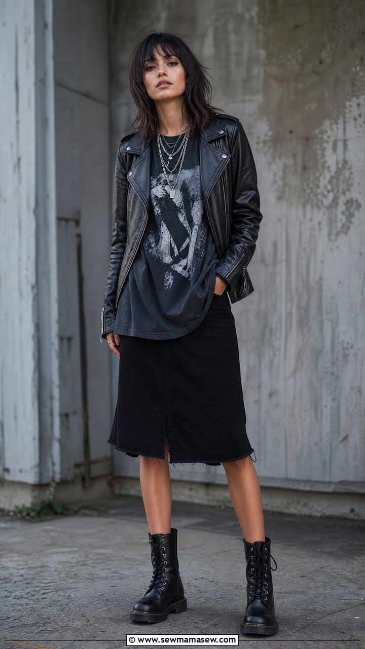 Leather Jacket Over Graphic Tee With Mini Skirt And Boots - 35 Billie Eilish concert outfit ideas