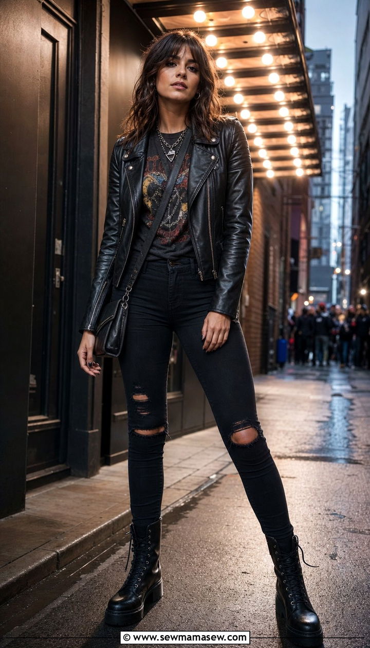 Leather Jacket Over Graphic Tee and Jeans Concert Outfit - 25 concert outfits inspo