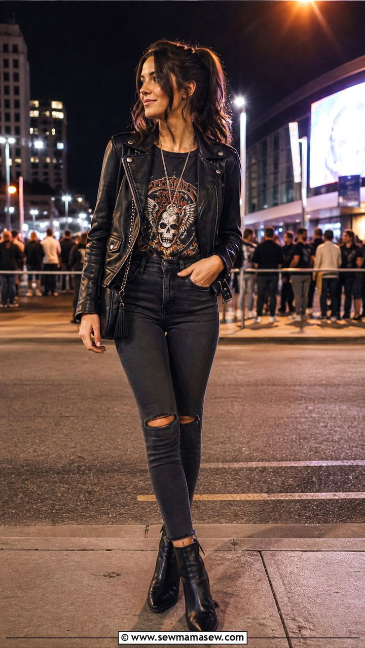 Leather Jacket Over Graphic Tee and Skinny Jeans - 40 Summer concert outfits