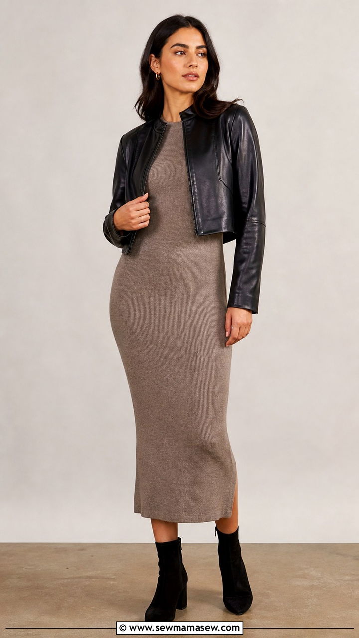 Leather Jacket Over Knit Dress And Ankle Boots - 40 leather jacket outfit ideas for women