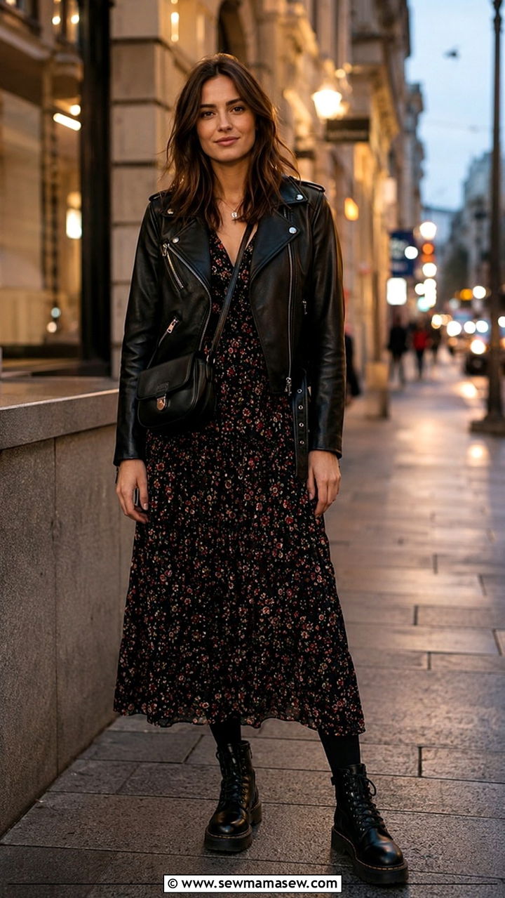 Leather Jacket Over Maxi Dress Outfit - 30 Layering outfit ideas