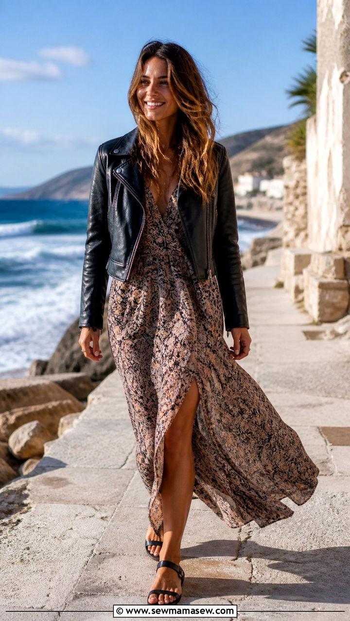 Leather Jacket Over Maxi Dress - 40 leather jacket outfit ideas for women