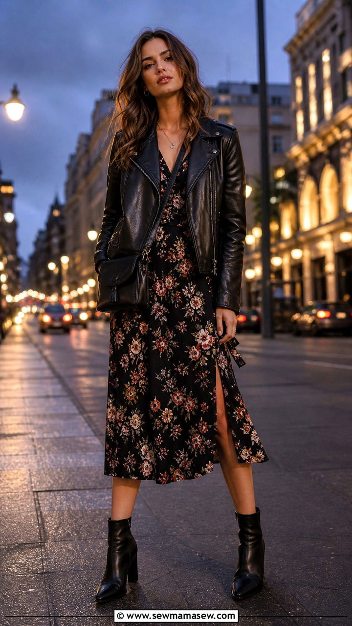 Leather Jacket Over a Floral Dress - 40 Spring outfits for women over 40