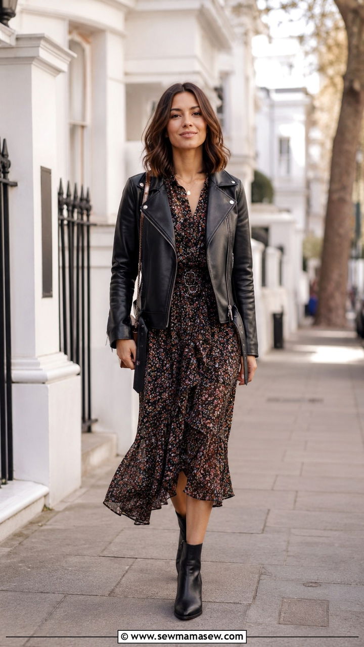 Leather Jacket Over a Floral Midi Dress With Ankle Boots - 20 Spring outfits for 50 degree weather