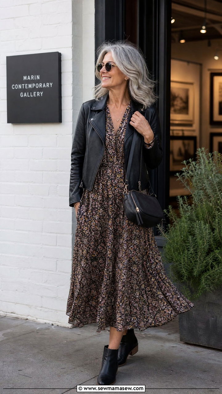 Leather Jacket Over a Flowy Midi Dress - 25 Fashion over 50 outfit ideas