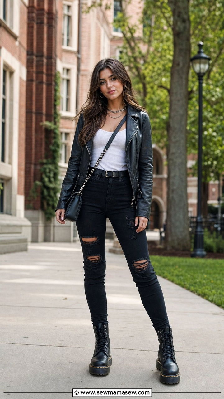Leather Jacket Ripped Jeans Combat Boots Outfit - 25 college outfits aesthetic