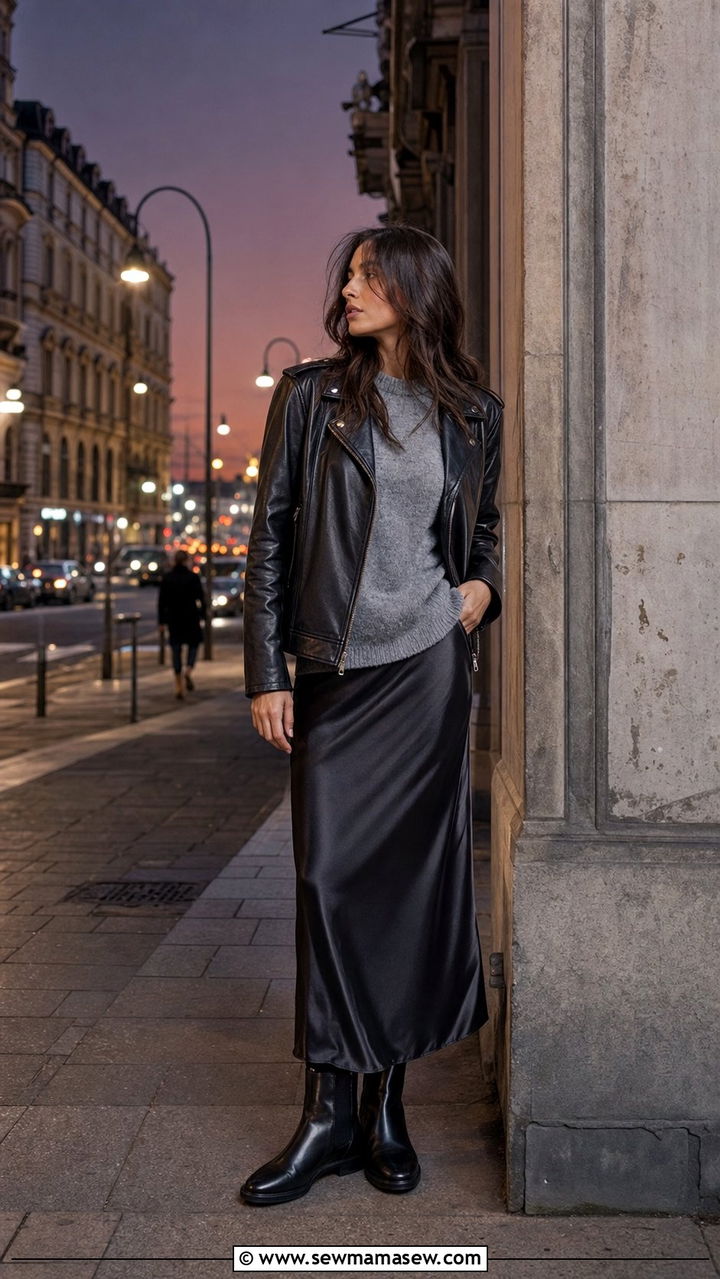Leather Jacket Slip Skirt and Ankle Boots - 25 Spring week in Italy outfits