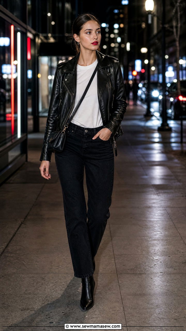 Leather Jacket White Tee Black Jeans Red Lipstick - 25 French girl outfit ideas with red lipstick