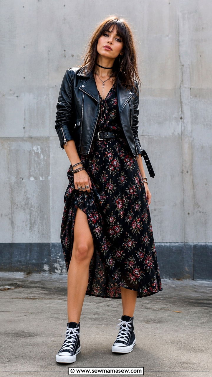 Leather Jacket With A Floral Dress And High Top Sneakers - 40 cute sneaker outfits