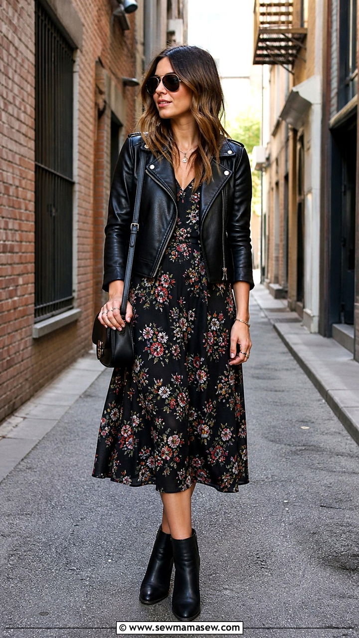 Leather Jacket With A Floral Midi Dress - 40 French girl outfit ideas