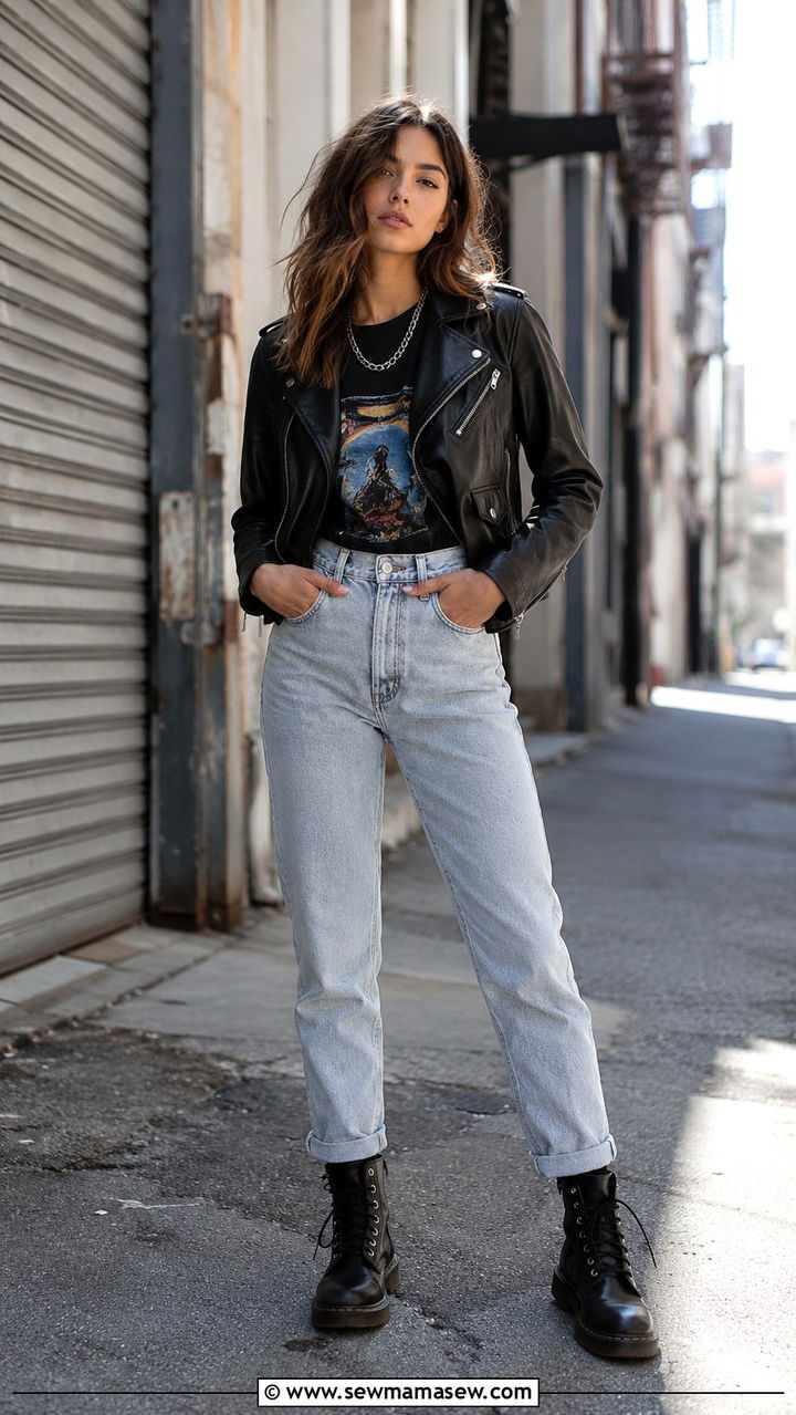 Leather Jacket With A Graphic Tee And Mom Jeans - 30 Outfit ideas for skinny women