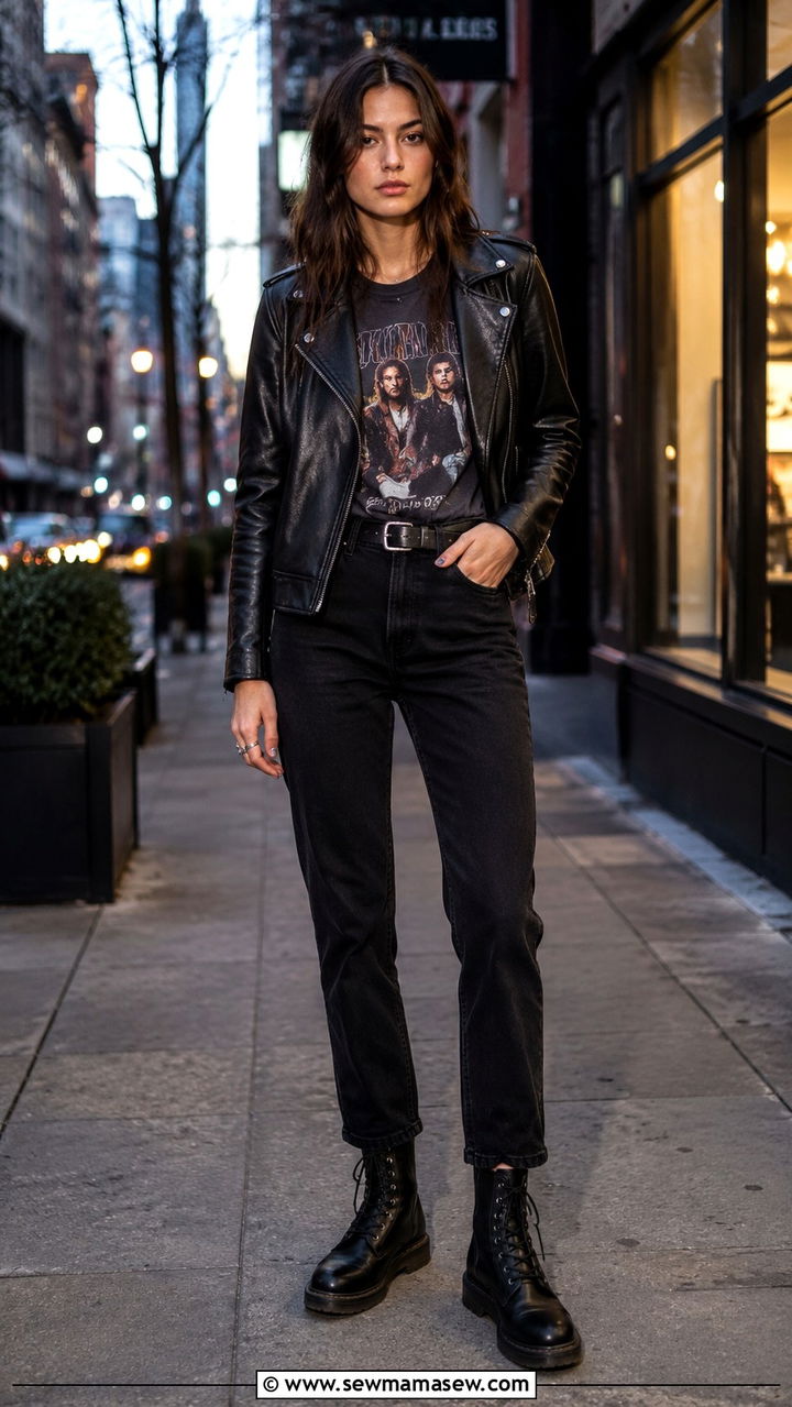 Leather Jacket With A Graphic Tee Straight Leg Jeans And Combat Boots - 30 casual trendy outfits