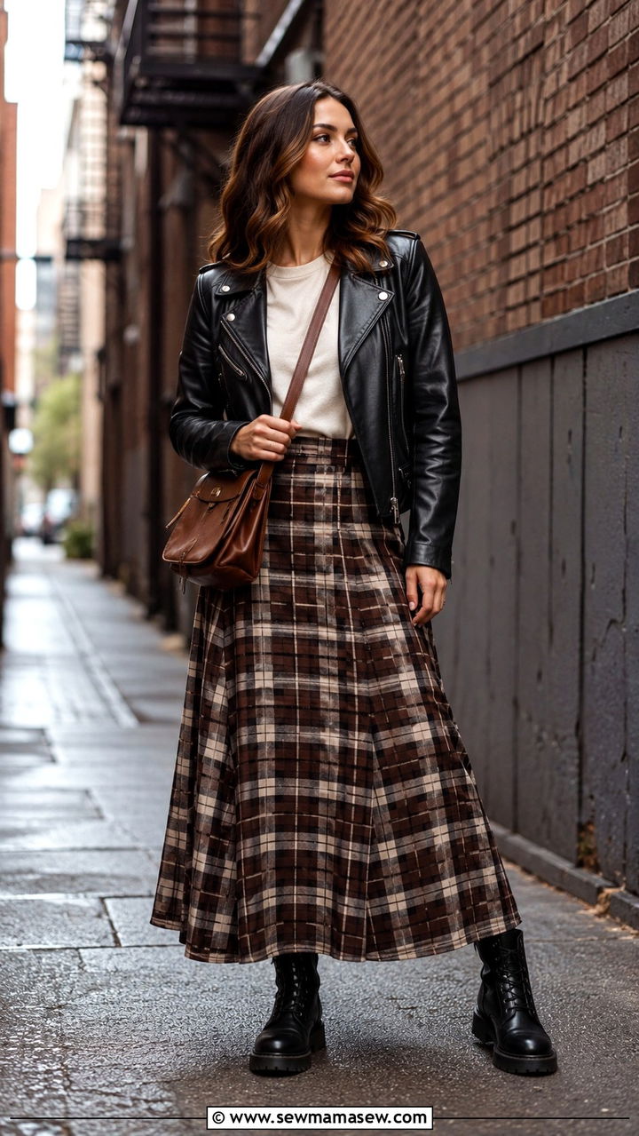 Leather Jacket With A Plaid Maxi Skirt Outfit - 30 how to style maxi skirt outfits