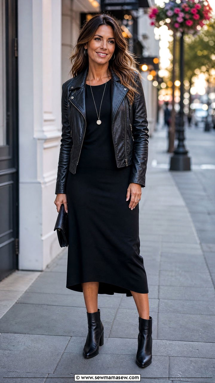 Leather Jacket With Black Midi Dress Women Over 40 - 35 Minimalist outfits for women over 40