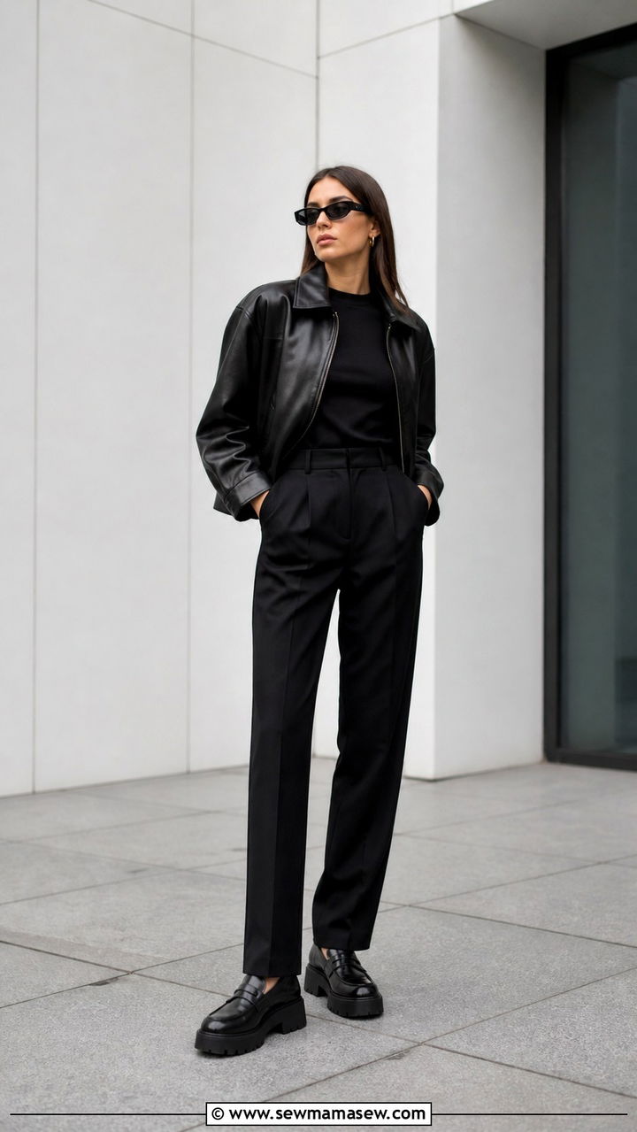 Leather Jacket With Black Trousers and Loafers - 40 cute jacket outfits