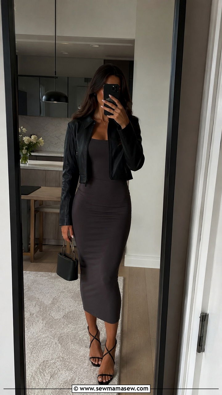 Leather Jacket With Bodycon Midi Dress - 30 How to style a leather jacket in summer