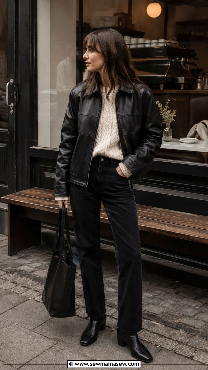 Leather Jacket With Cable Knit Sweater And Black Jeans - 30 Danish outfit ideas