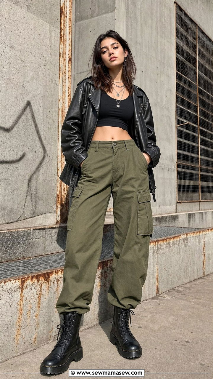 Leather Jacket With Cargo Pants And A Cropped Tank Top - 25 cute grunge outfits