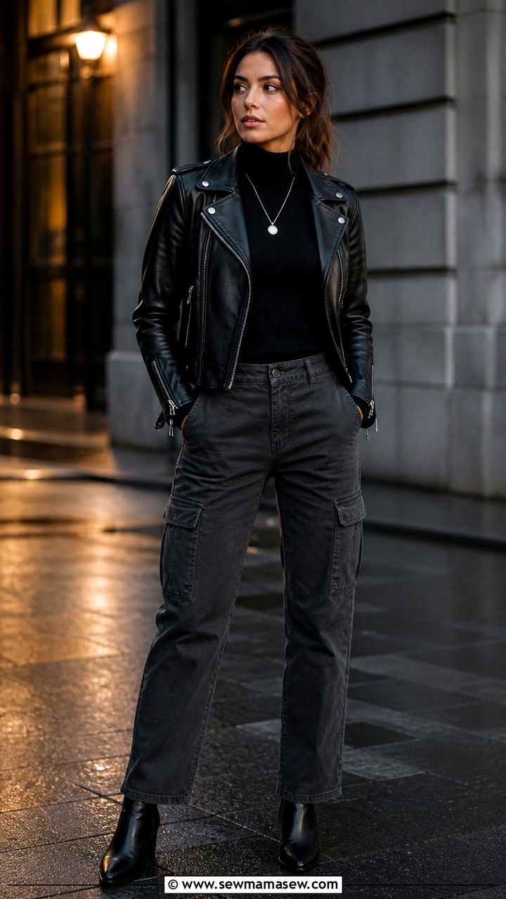 Leather Jacket With Cargo Pants and Turtleneck Outfit - 40 cargo pants outfit ideas for women