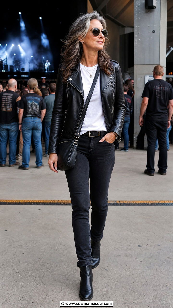 Leather Jacket With Dark Jeans Concert Outfit - 30 Concert outfit ideas for women over 50