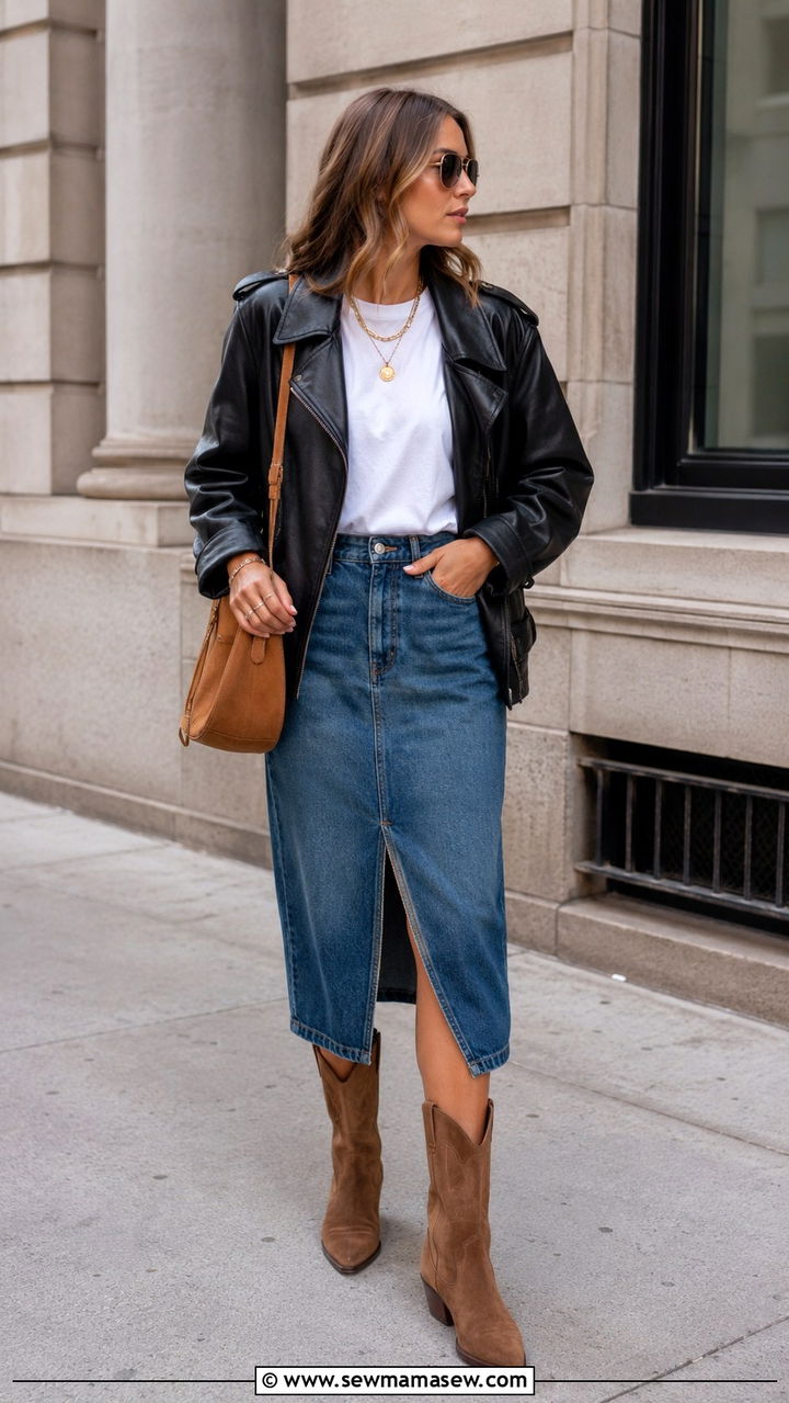 Leather Jacket With Denim Skirt And Cowboy Boots - 30 Pinterest outfits to copy