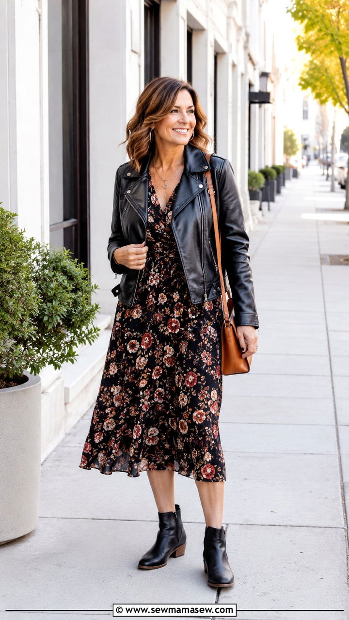 Leather Jacket With Floral Dress Outfit Over 40 - 30 Trendy outfit ideas for women over 40