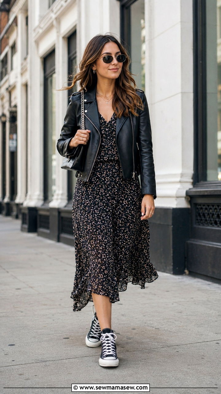 Leather Jacket With Floral Dress and Black HighTop Sneakers - 30 Spring outfits with sneakers