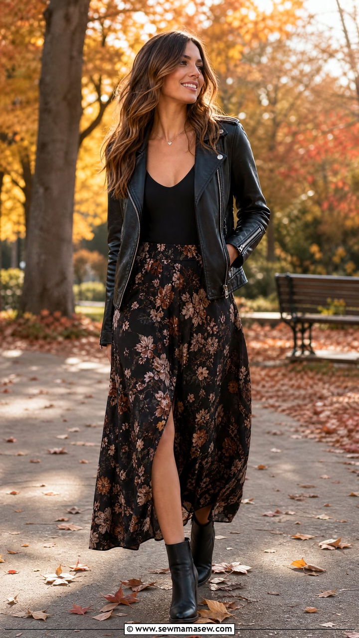 Leather Jacket With Floral Long Skirt - 40 leather jacket outfit ideas for women