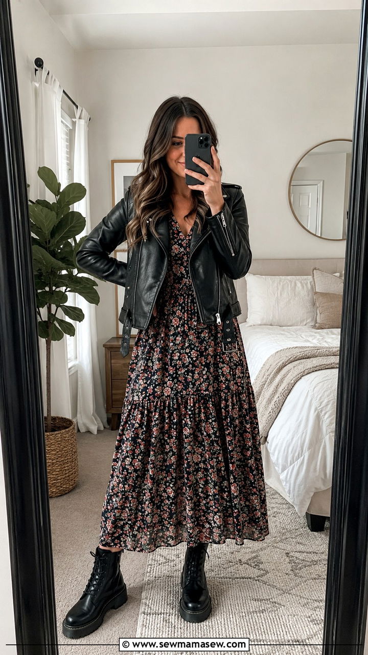 Leather Jacket With Floral Maxi Dress And Combat Boots - 30 transitional outfits inspo