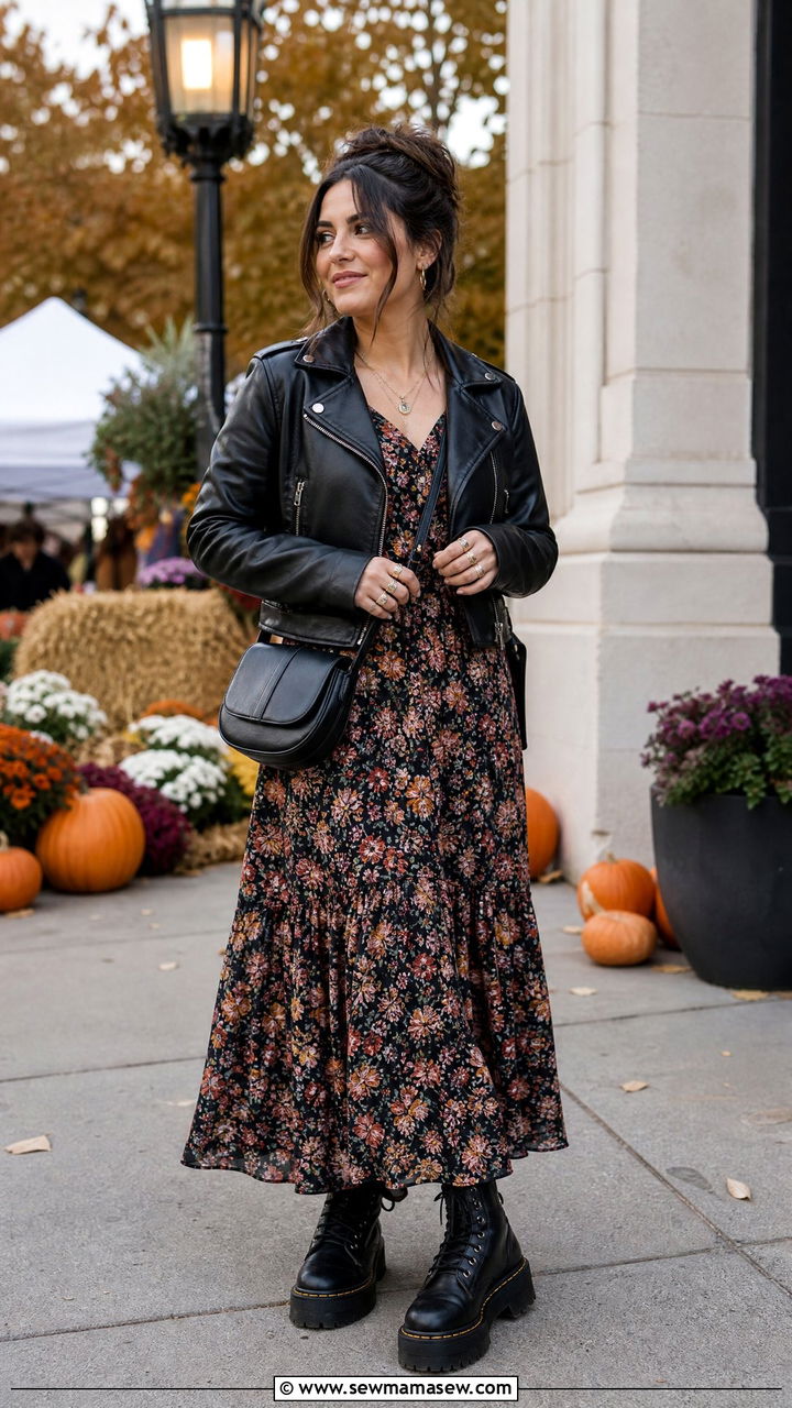 Leather Jacket With Floral Maxi Dress And Combat Boots - 25 Maxi dress for petite outfit ideas