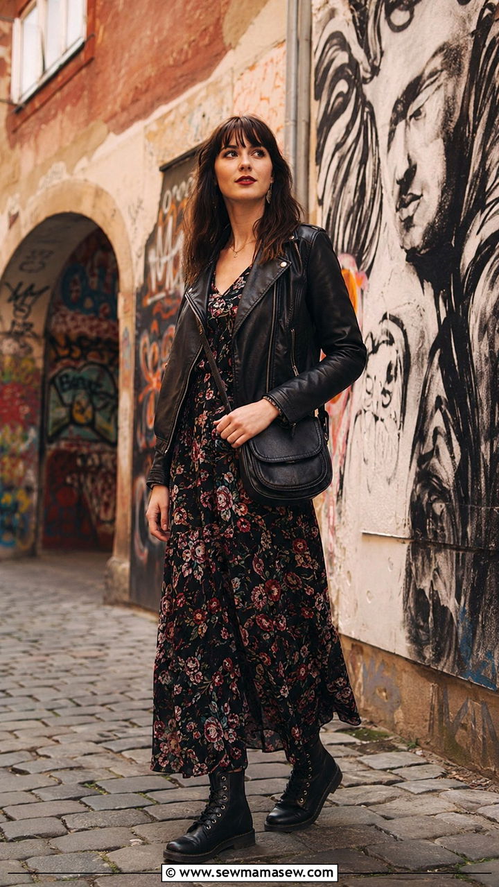 Leather Jacket With Floral Maxi Dress Outfit - 25 Prague outfit ideas