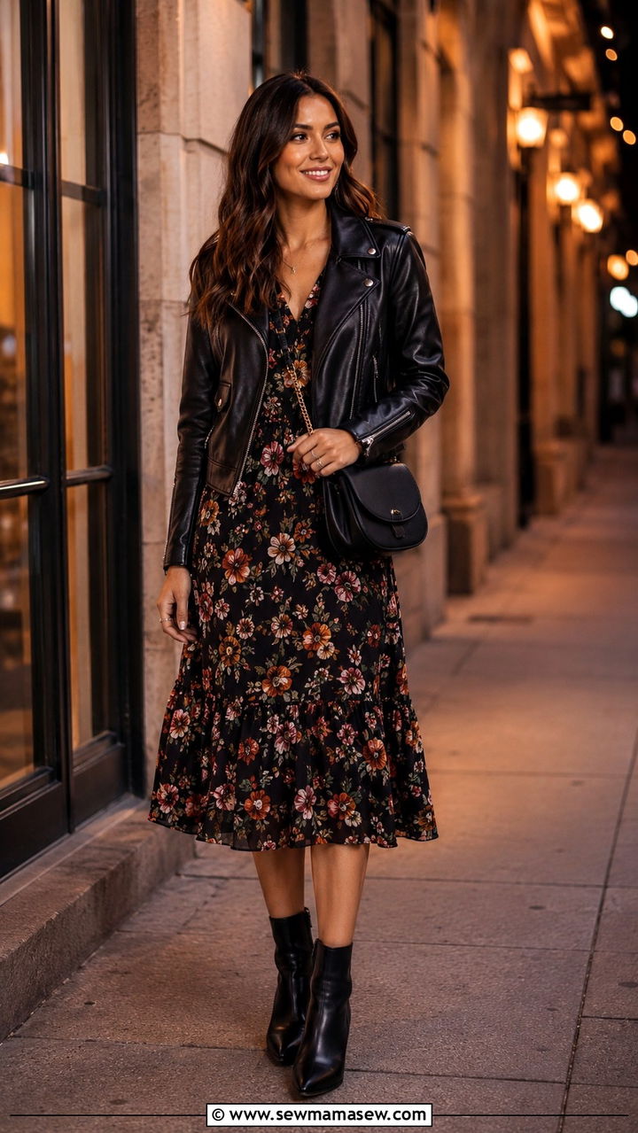Leather Jacket With Floral Midi Dress - 30 cute summer to fall outfits