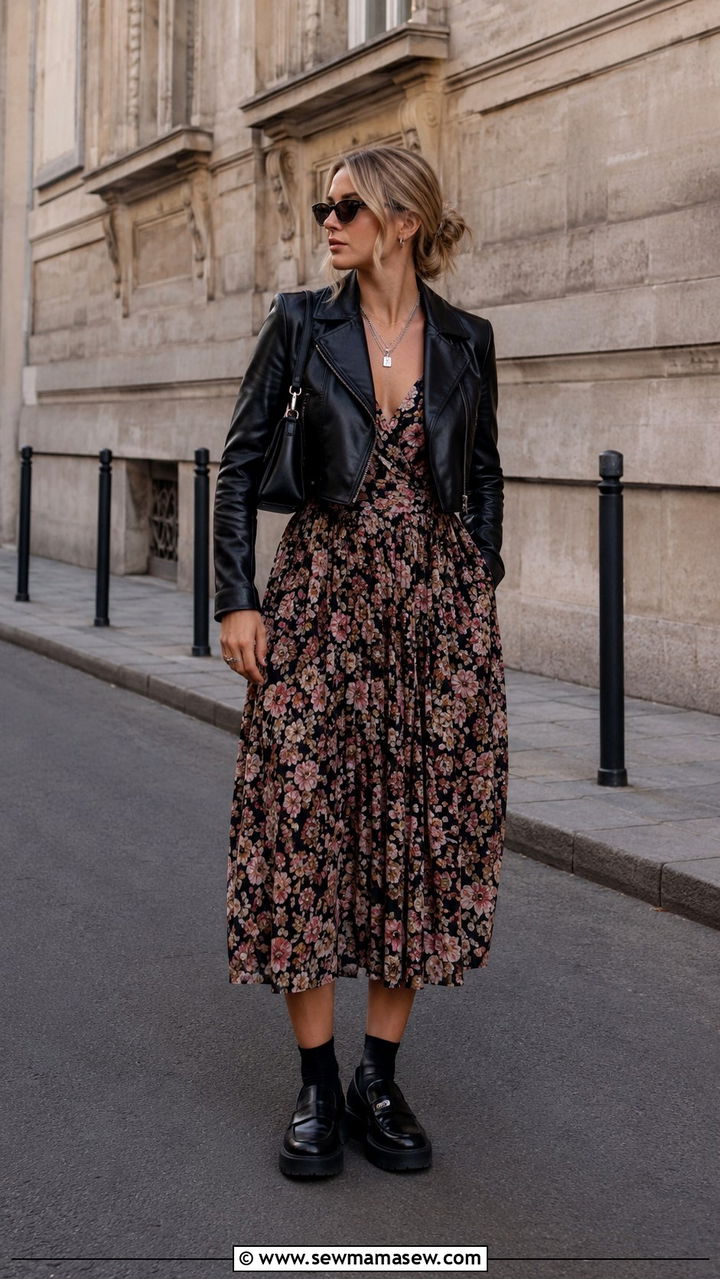 Leather Jacket With Floral Midi Dress - 30 spring trendy outfit ideas