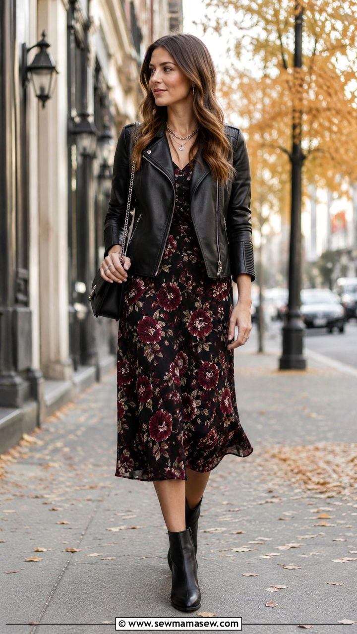 Leather Jacket With Floral Midi Dress - 30 transitional cute outfit ideas