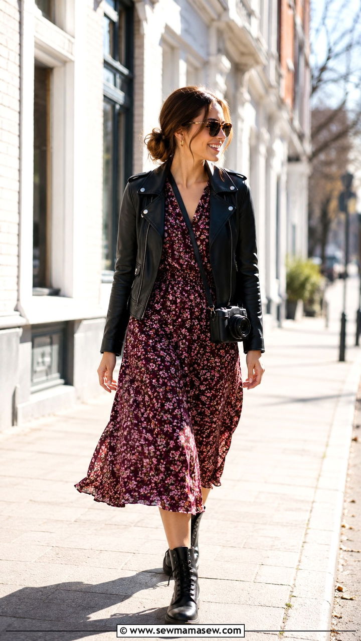 Leather Jacket With Floral Midi Dress And Combat Boots - 30 how to style leather jacket