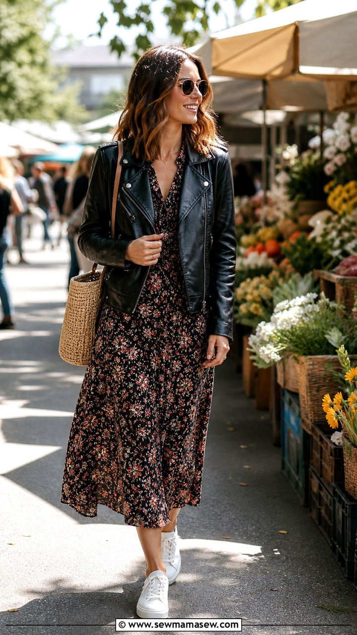 Leather Jacket With Floral Midi Dress And Sneakers - 40 casual leather jacket outfits