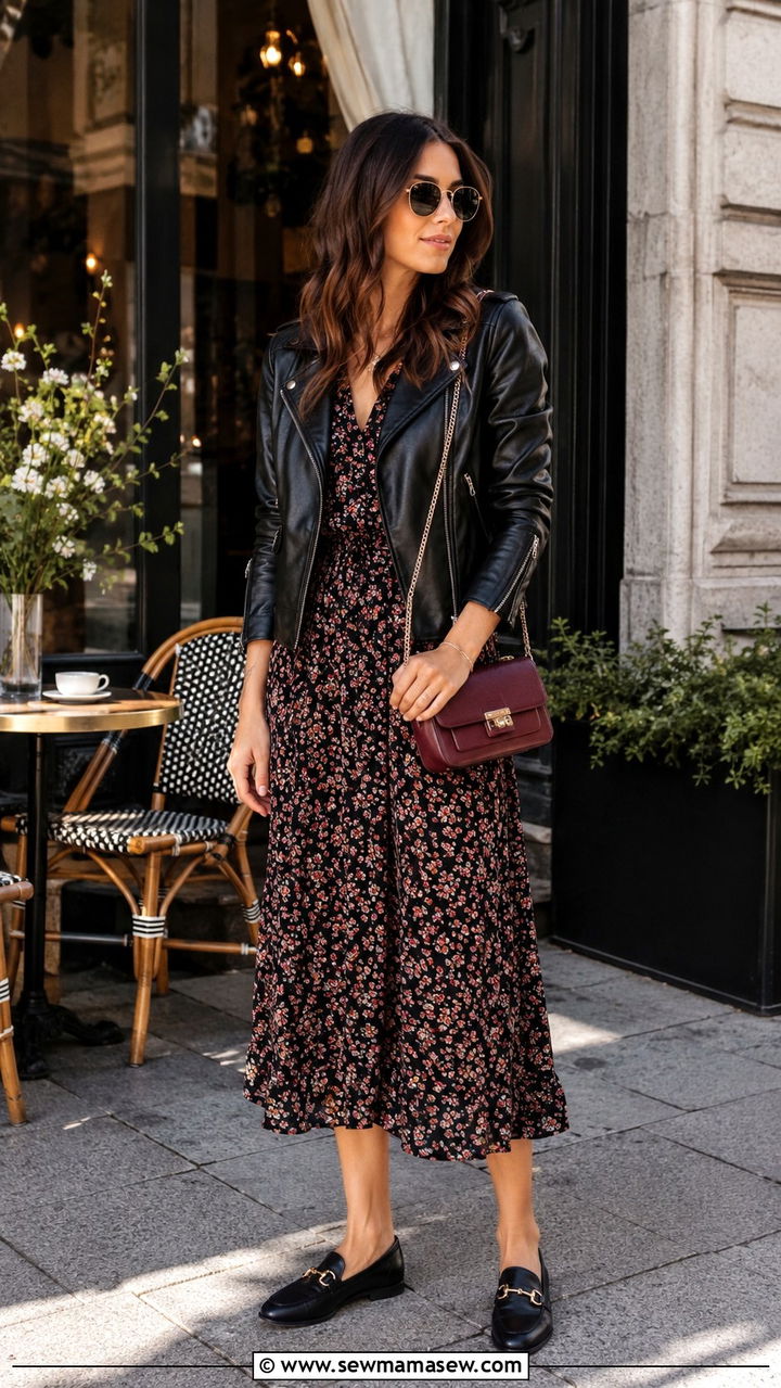 Leather Jacket With Floral Midi Dress Brunch - 30 brunch outfits 2026