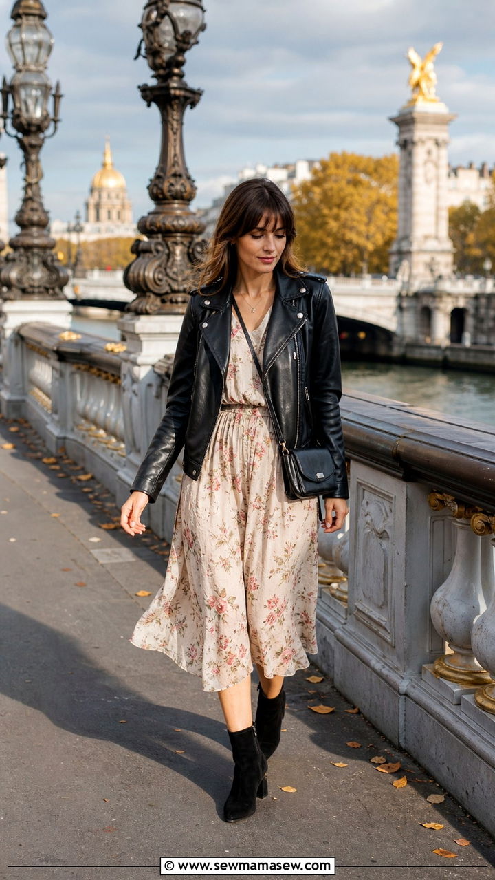 Leather Jacket With Floral Midi Dress and Ankle Boots - 40 French girl outfits ideas