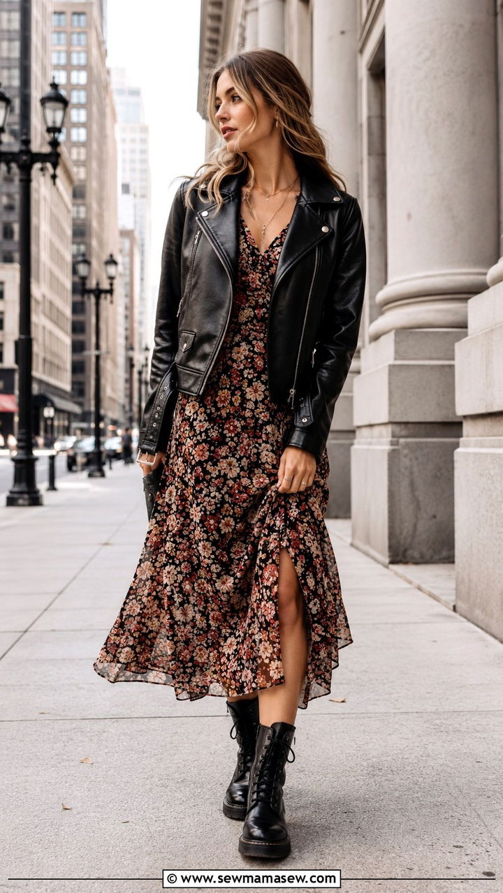 Leather Jacket With Floral Midi Dress and Combat Boots - 30 transitional outfits aesthetic