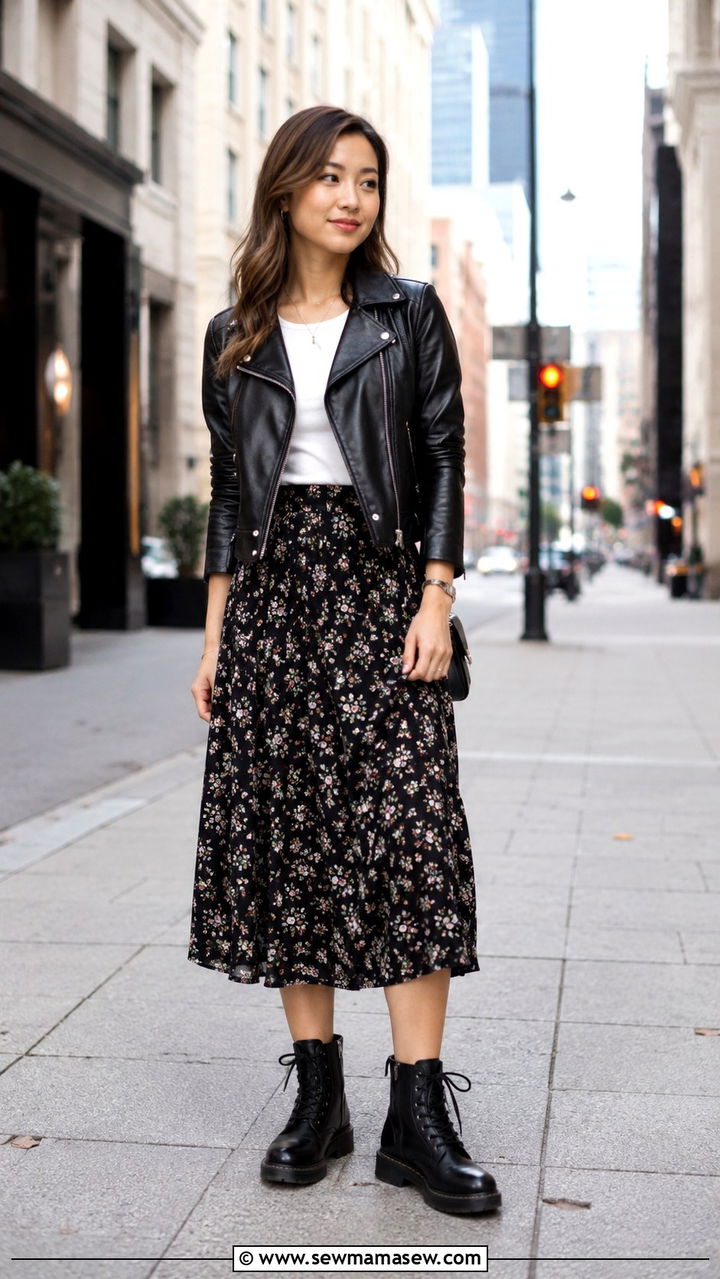 Leather Jacket With Floral Midi Skirt And Combat Boots - 25 Petite outfit ideas with midi skirt